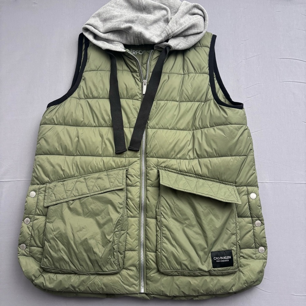 Calvin Klein Performance Vest Green Hooded Puffer Men's Long Zip Pockets Size L